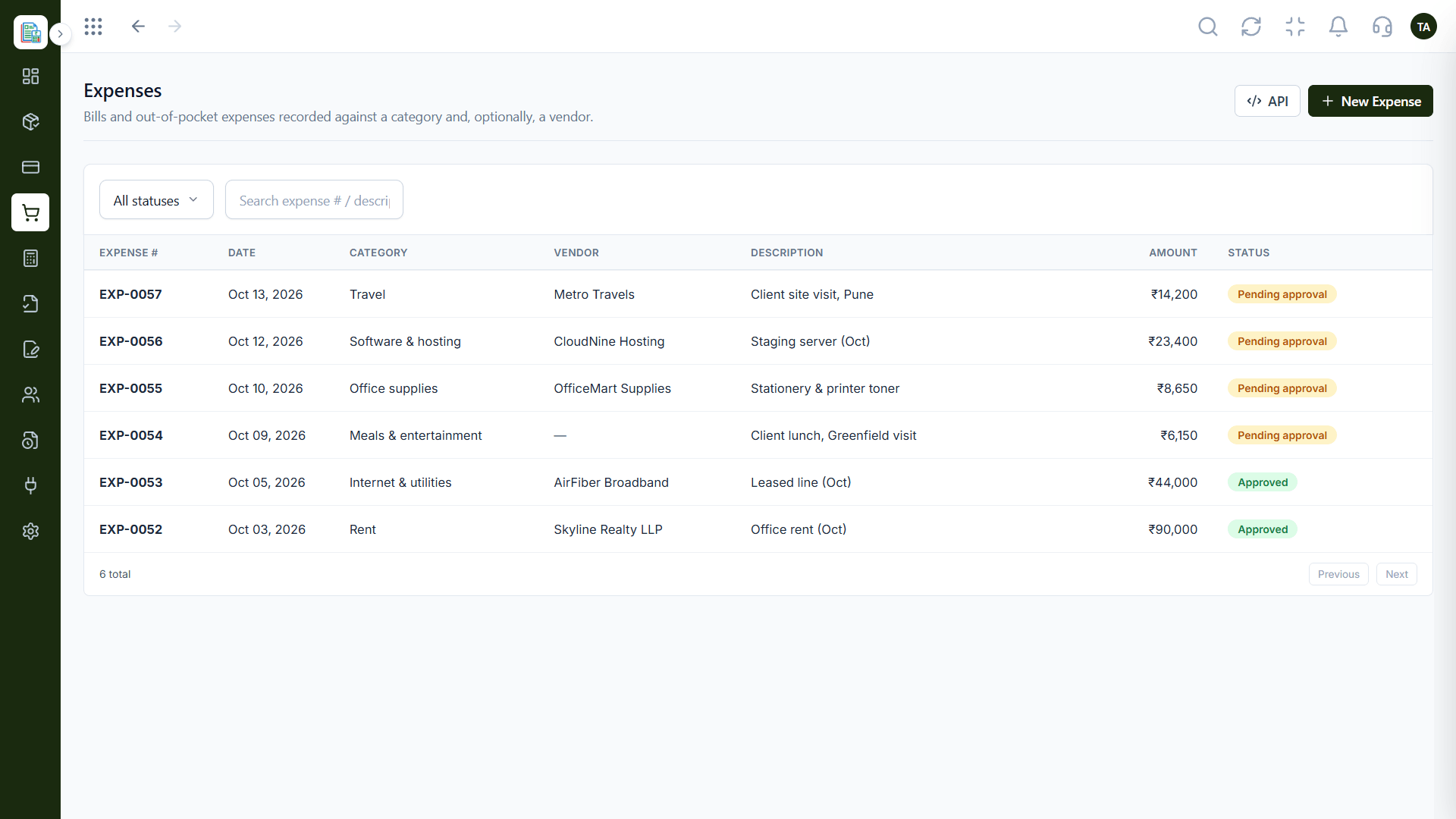 Finance expenses list with a status filter, search by expense number or description, an API button, and a new expense button