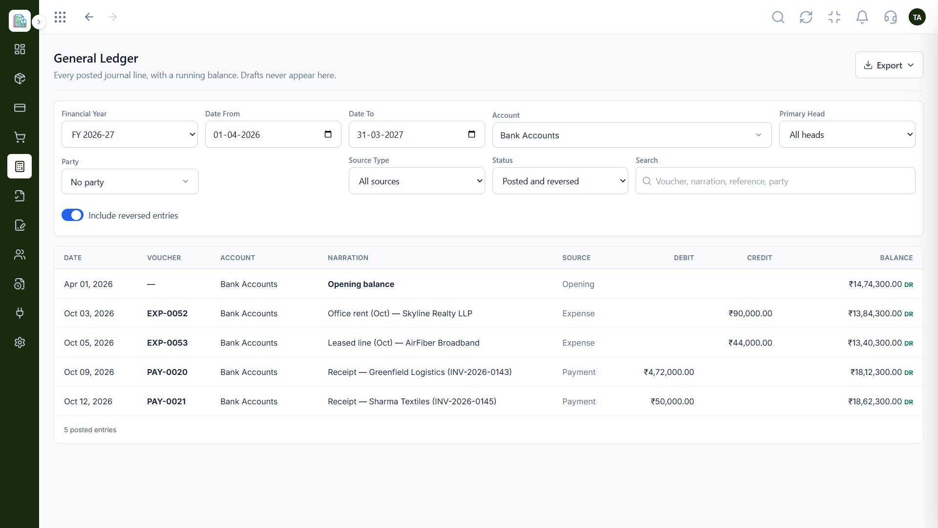 Finance general ledger filters for financial year, date range, account, primary head, party, source type, and status