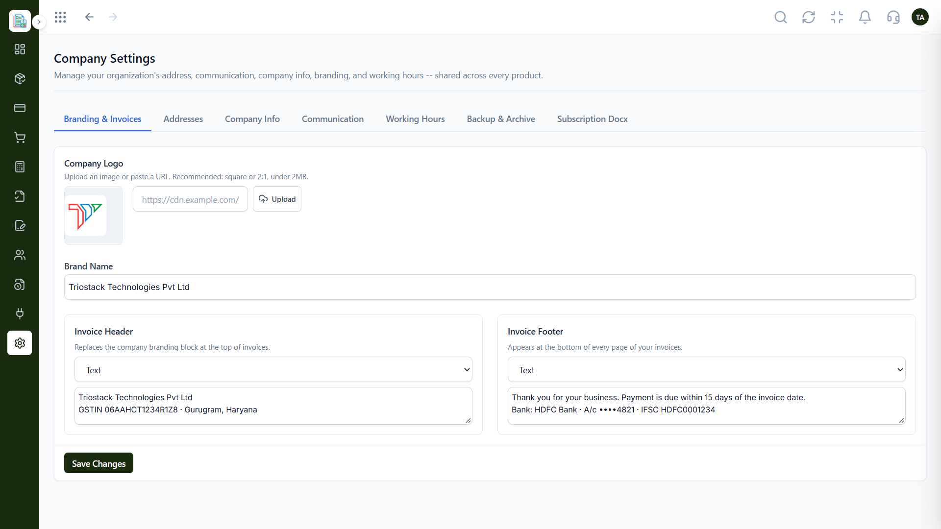 Finance company settings with the branding and invoices tab, company logo upload, brand name, and invoice header and footer