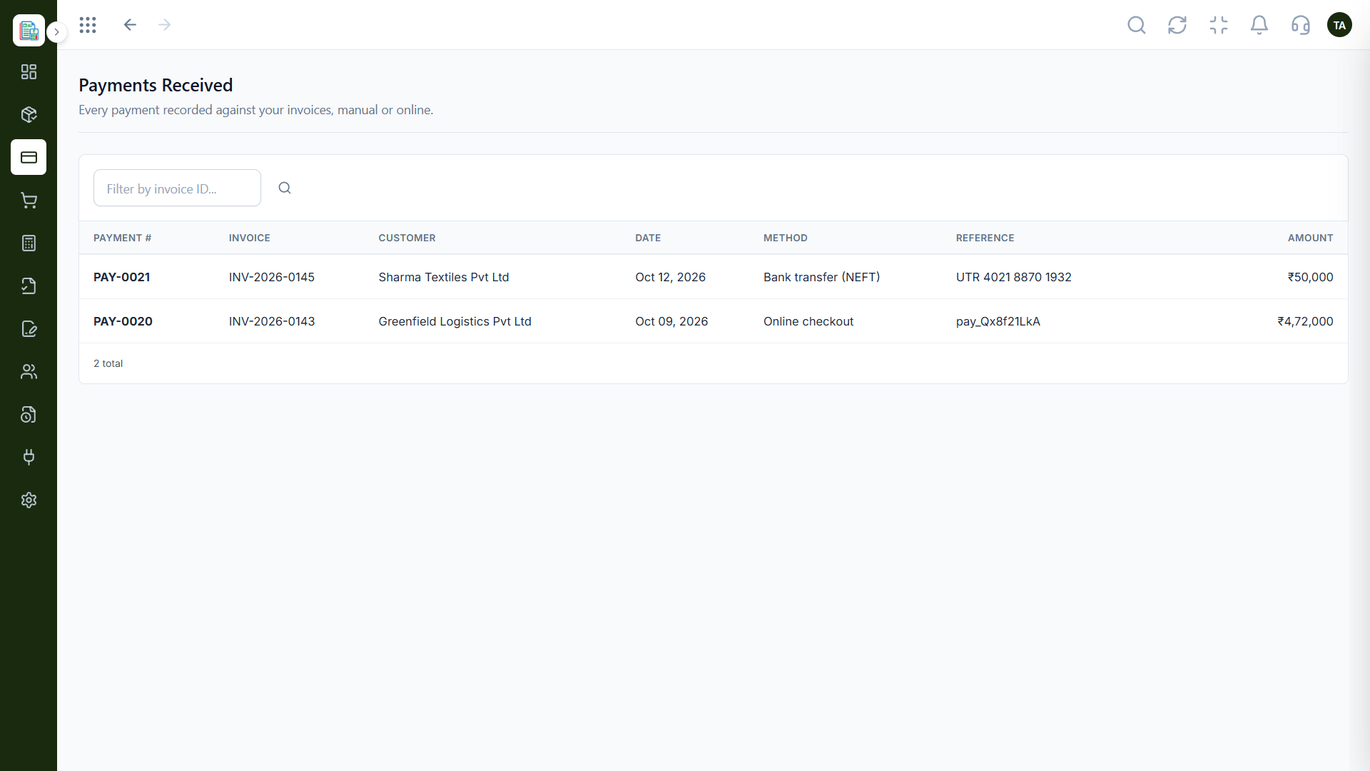 Finance payments received list with a filter by invoice ID, showing payments recorded manually or through online checkout
