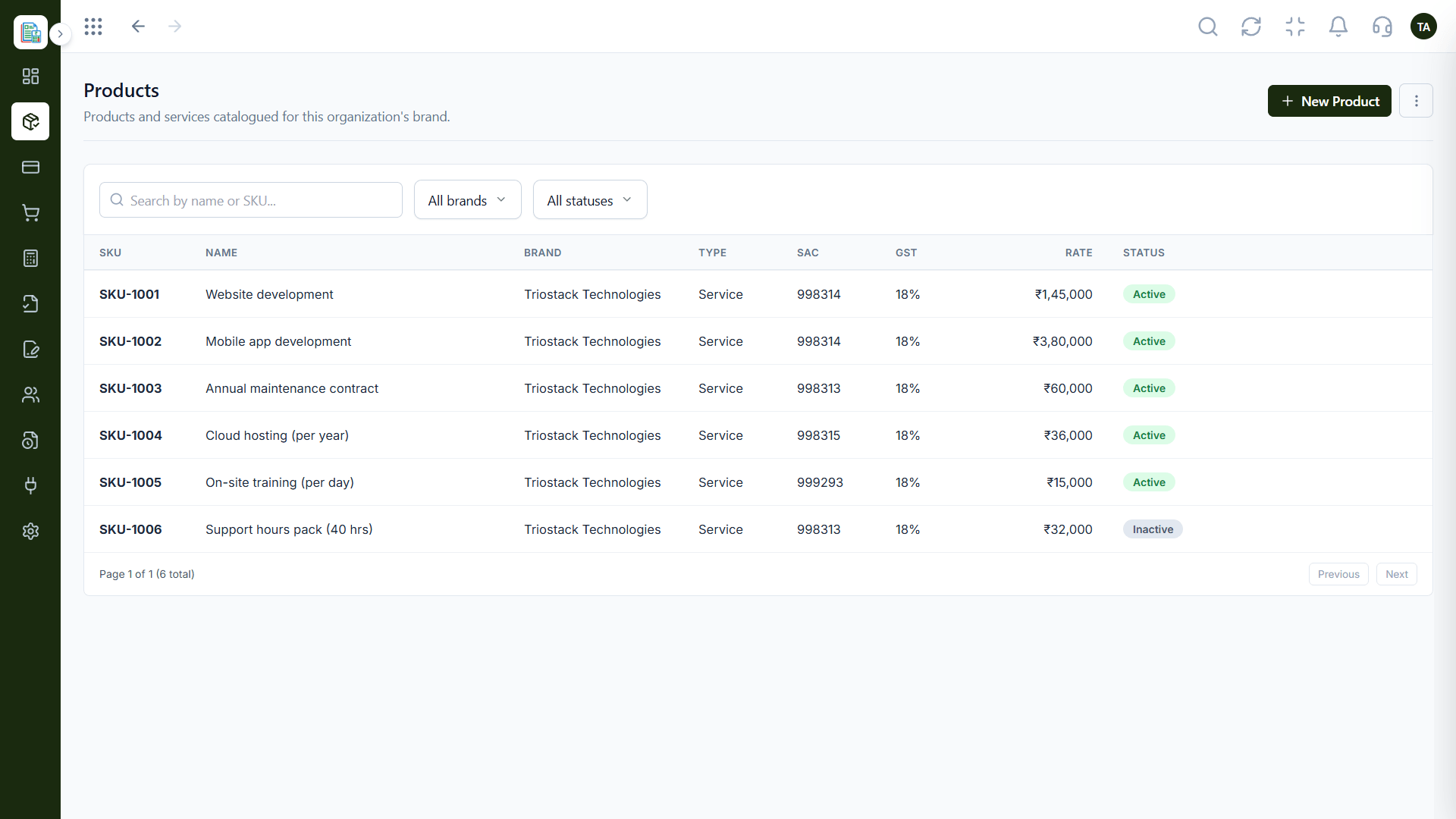 Finance products and services catalogue with search by name or SKU and filters for brand and status