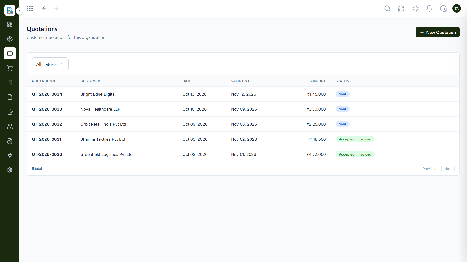 Finance customer quotations list with a status filter and a new quotation button
