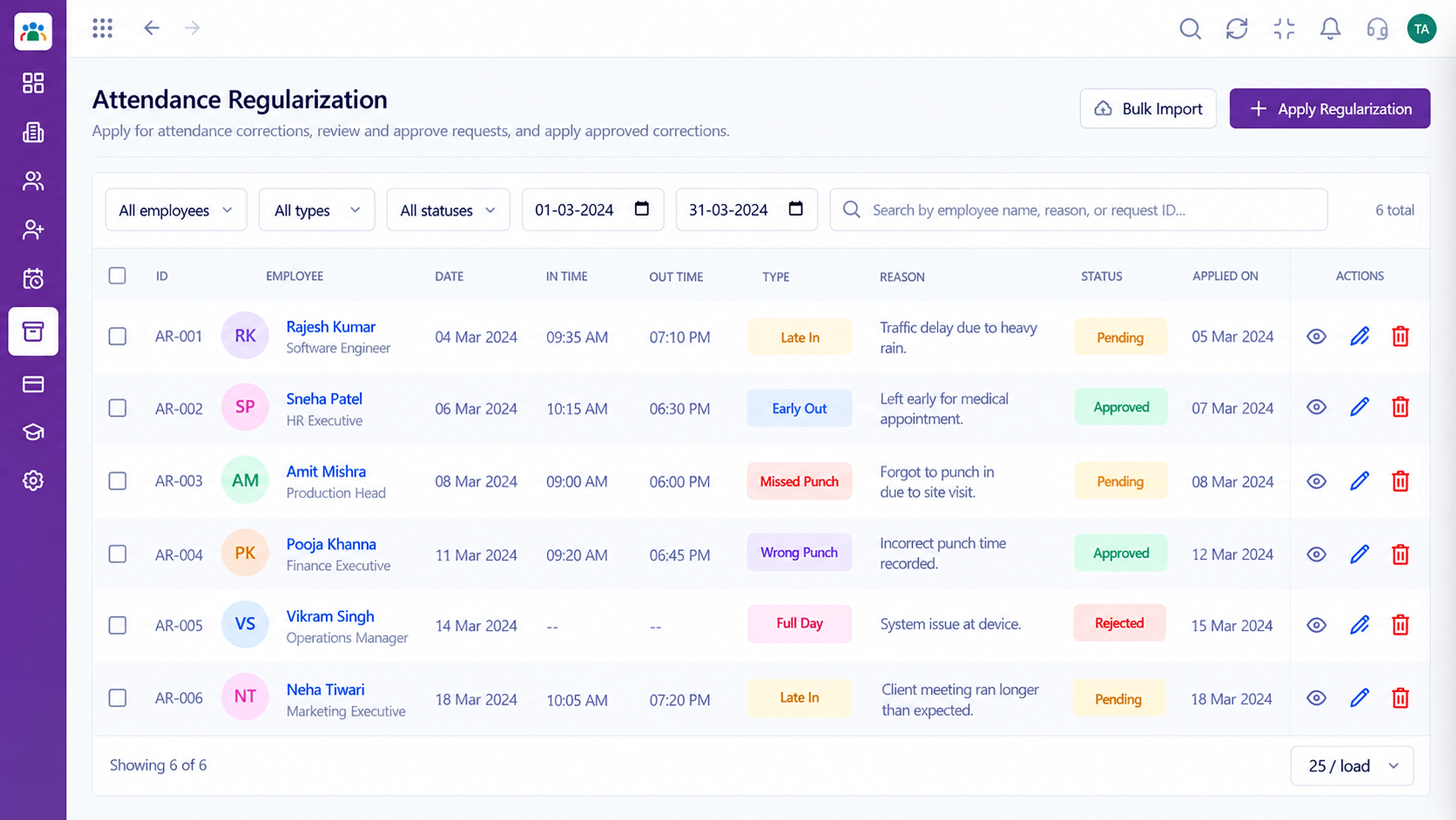 HRMS attendance regularization requests with type, in and out times, reason, and approval status