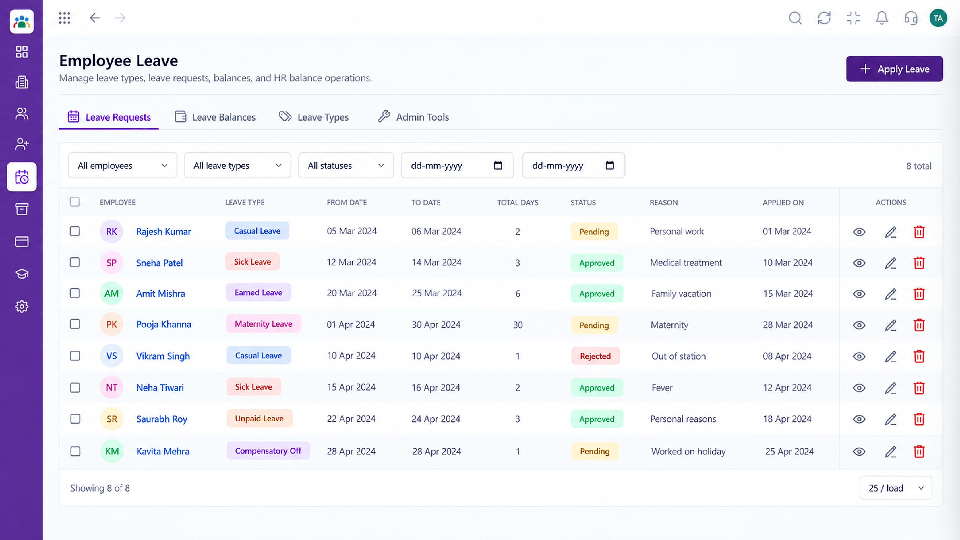 HRMS employee leave requests with leave type, dates, total days, reason, and status