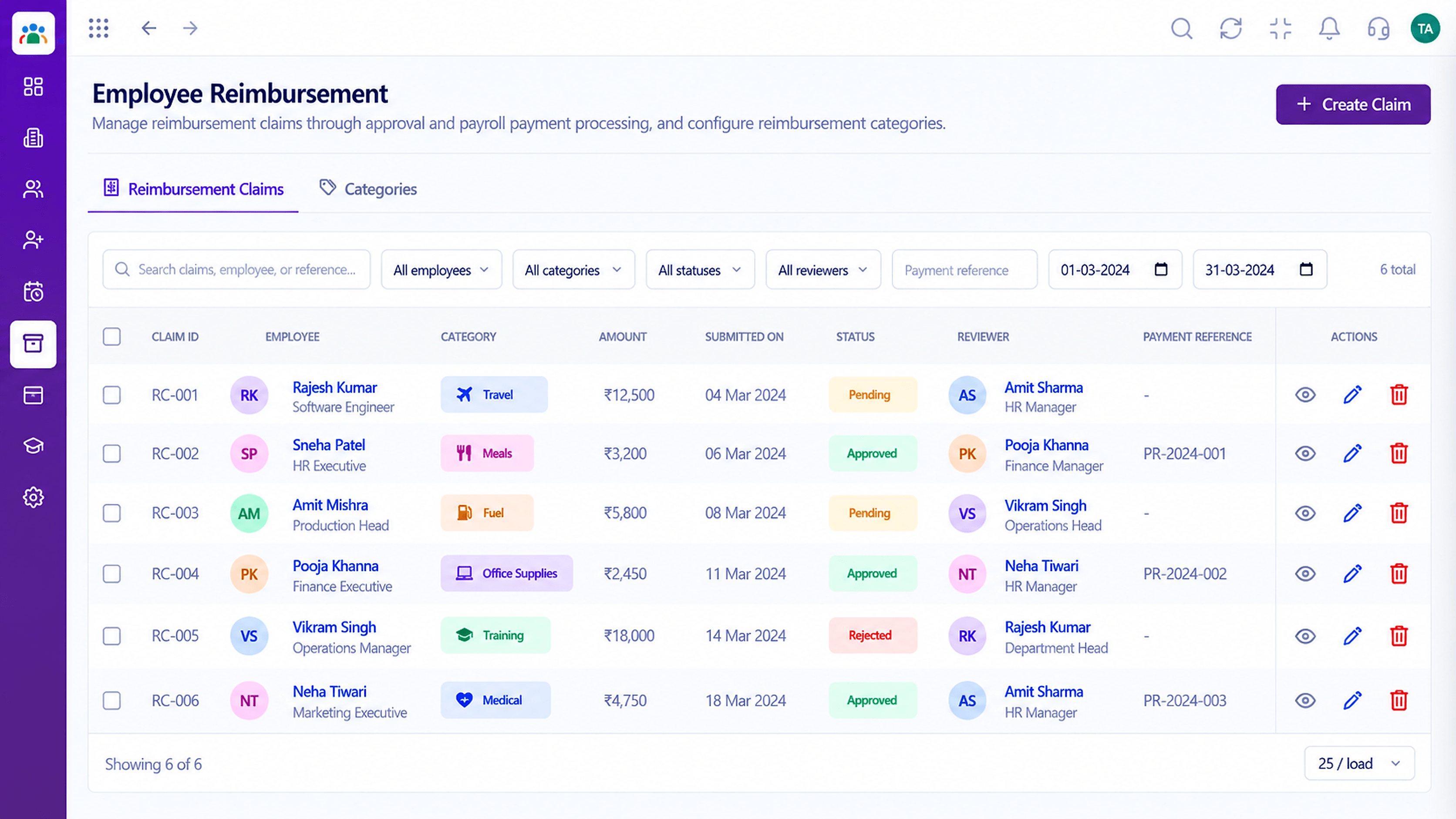 HRMS reimbursement claims with category, amount, status, reviewer, and payment reference