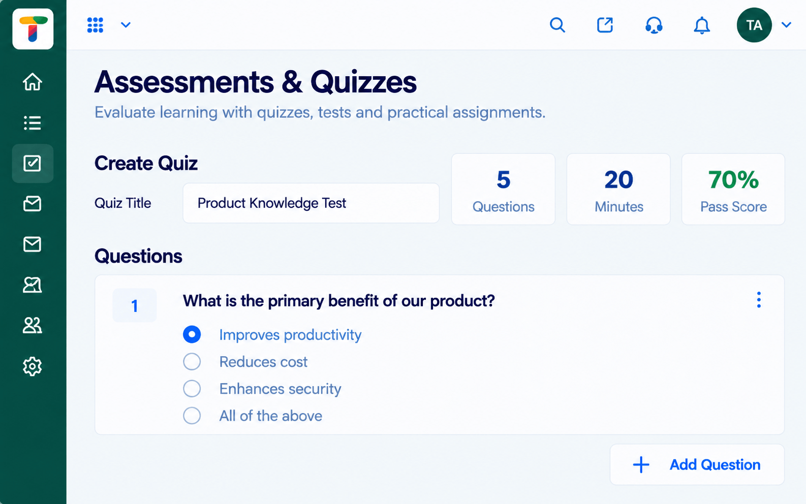 LMS quiz builder with question count, duration, pass score, and a multiple-choice question