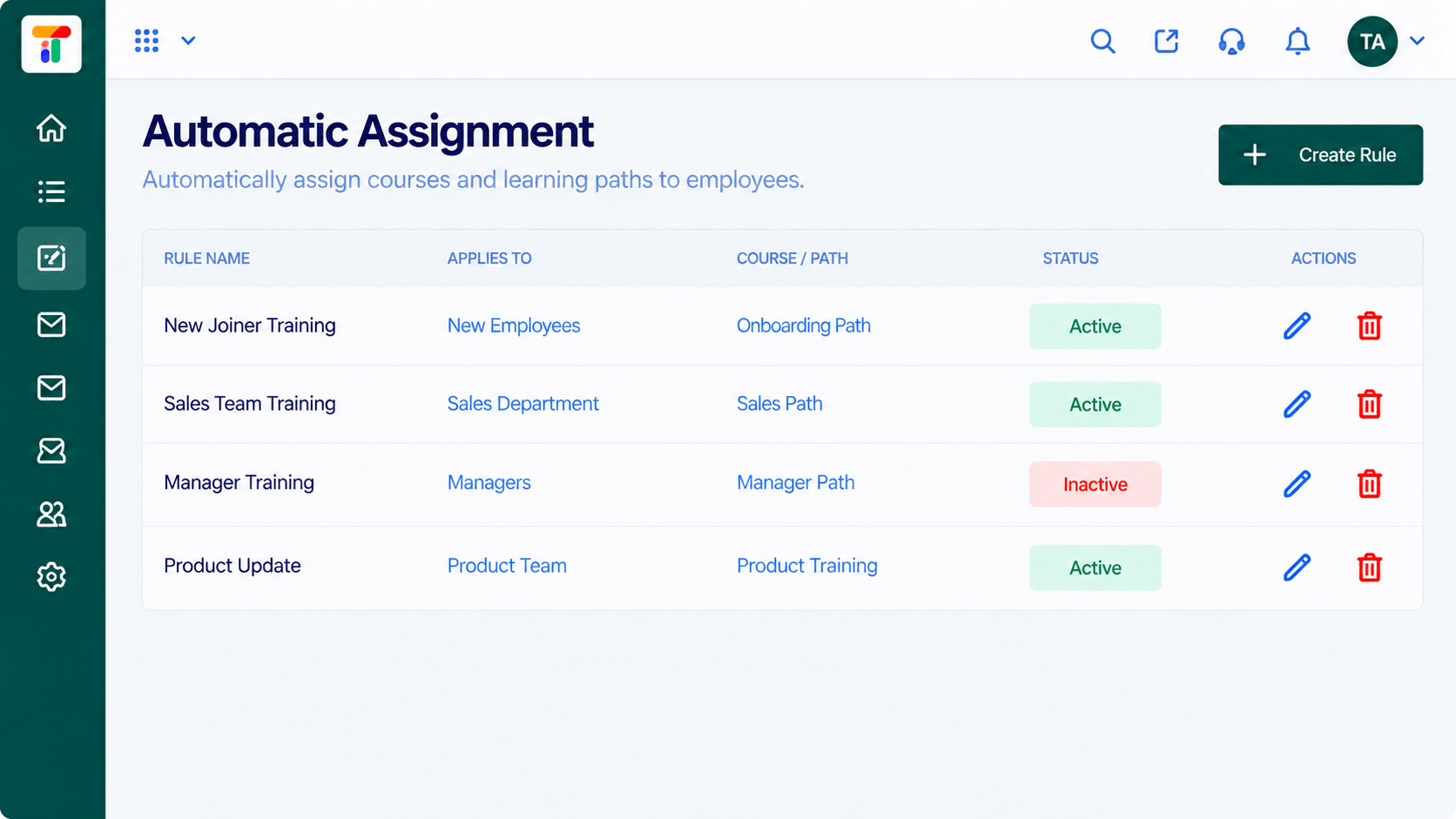 LMS automatic assignment rules listing rule name, who it applies to, the course or path, and active or inactive status