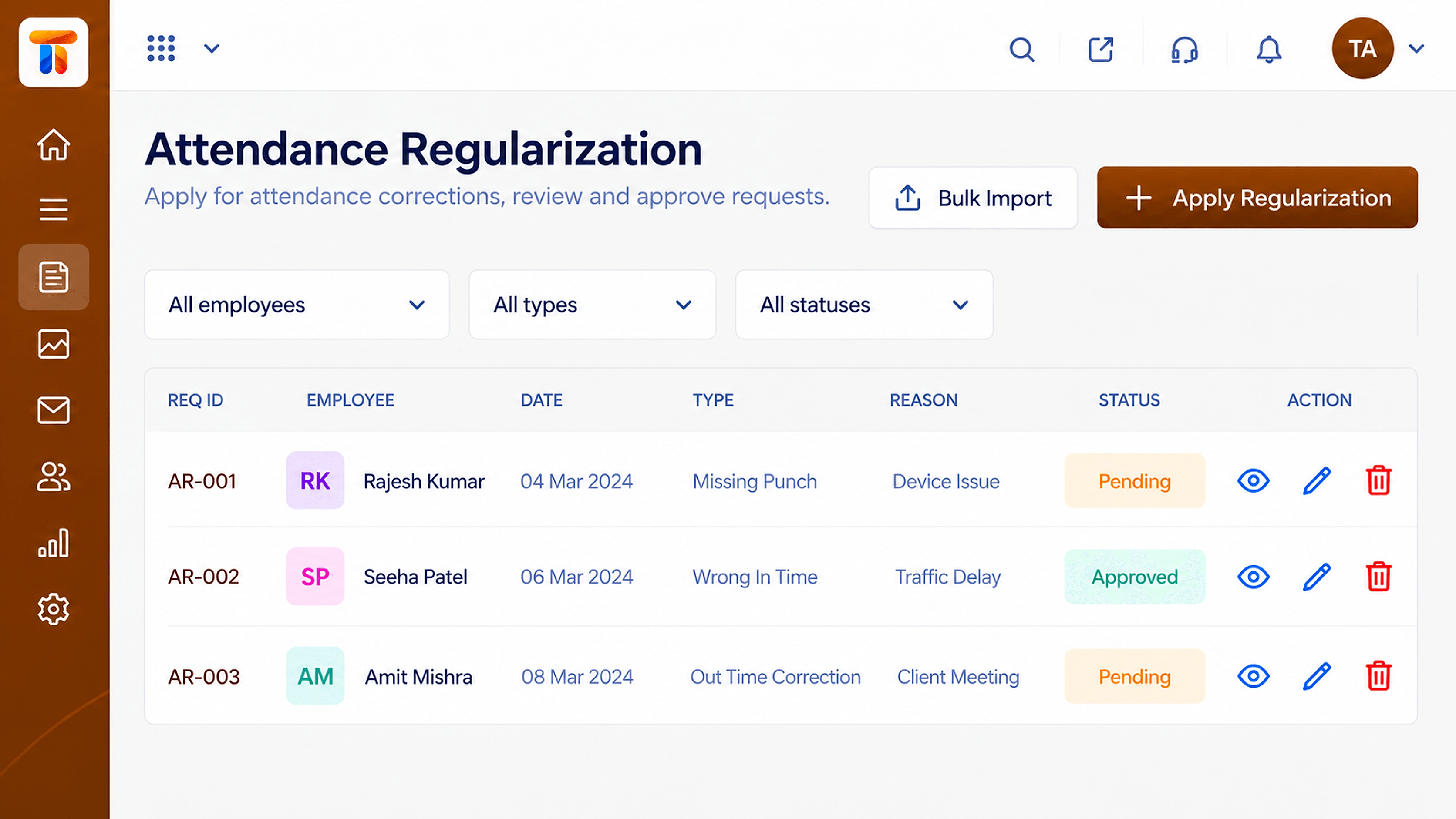 Attendance regularization requests with type, reason, and approval status