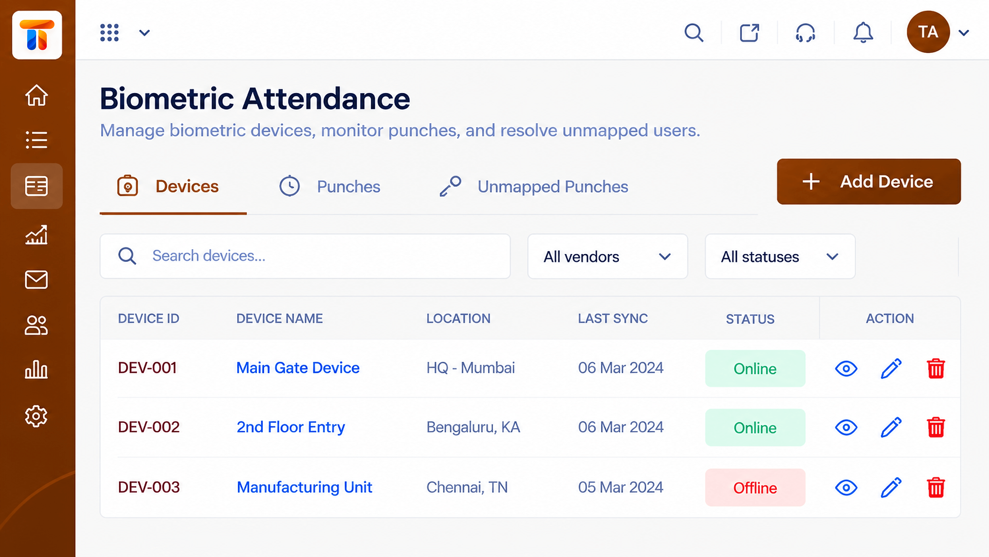 Biometric attendance devices with location, last sync, and online or offline status
