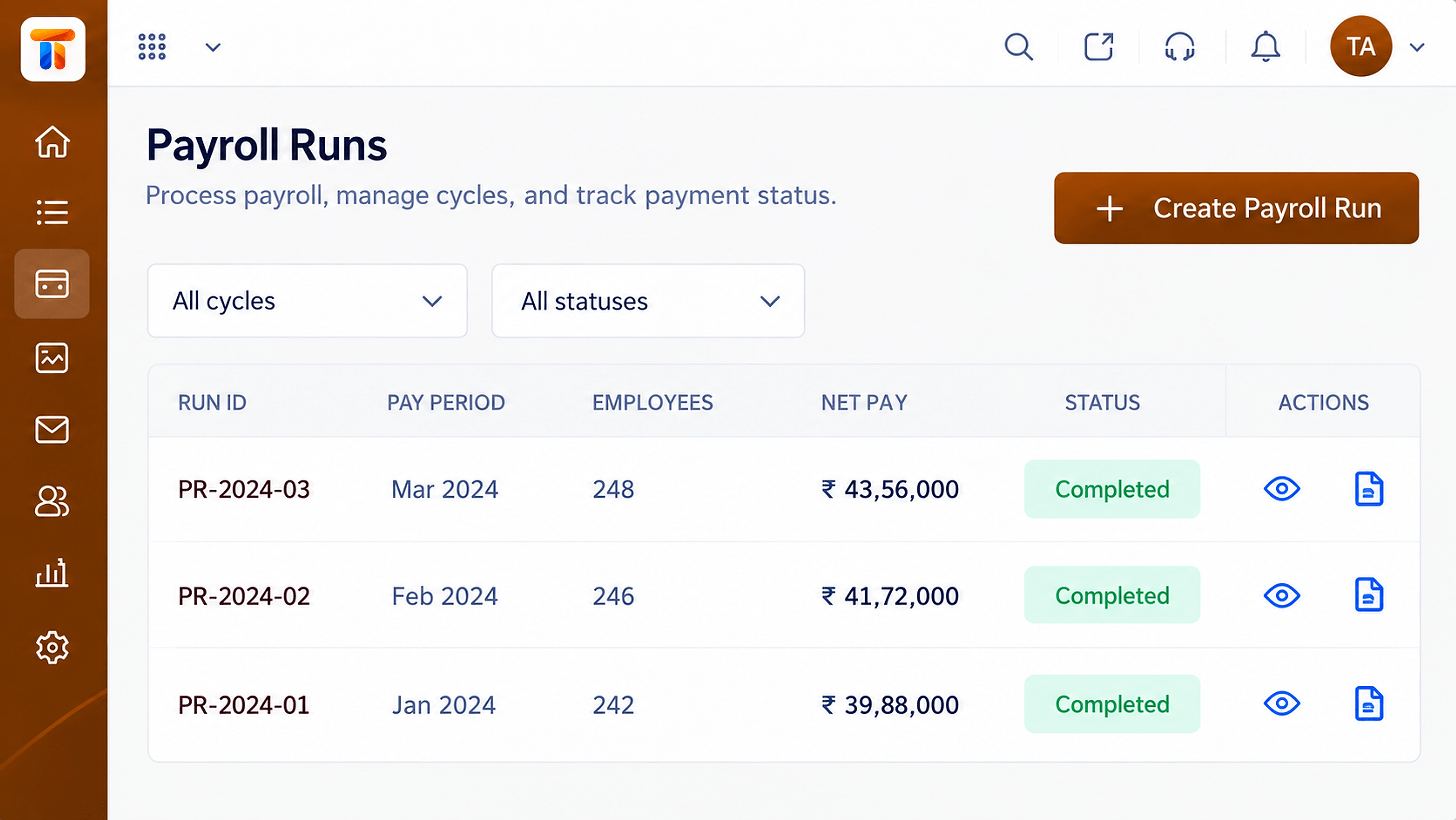 Payroll runs list with run ID, pay period, employees, net pay, and completed status