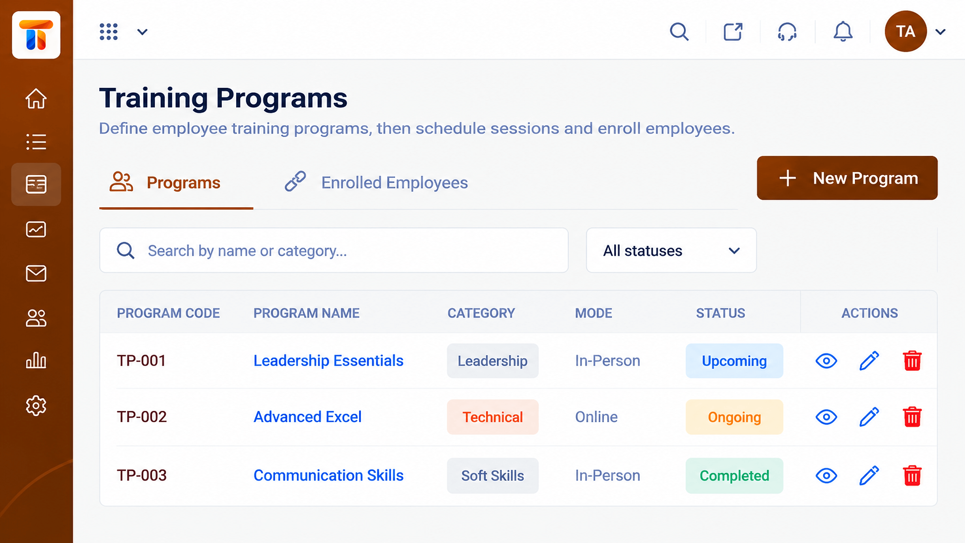 Training programs list with code, name, category, mode, and status