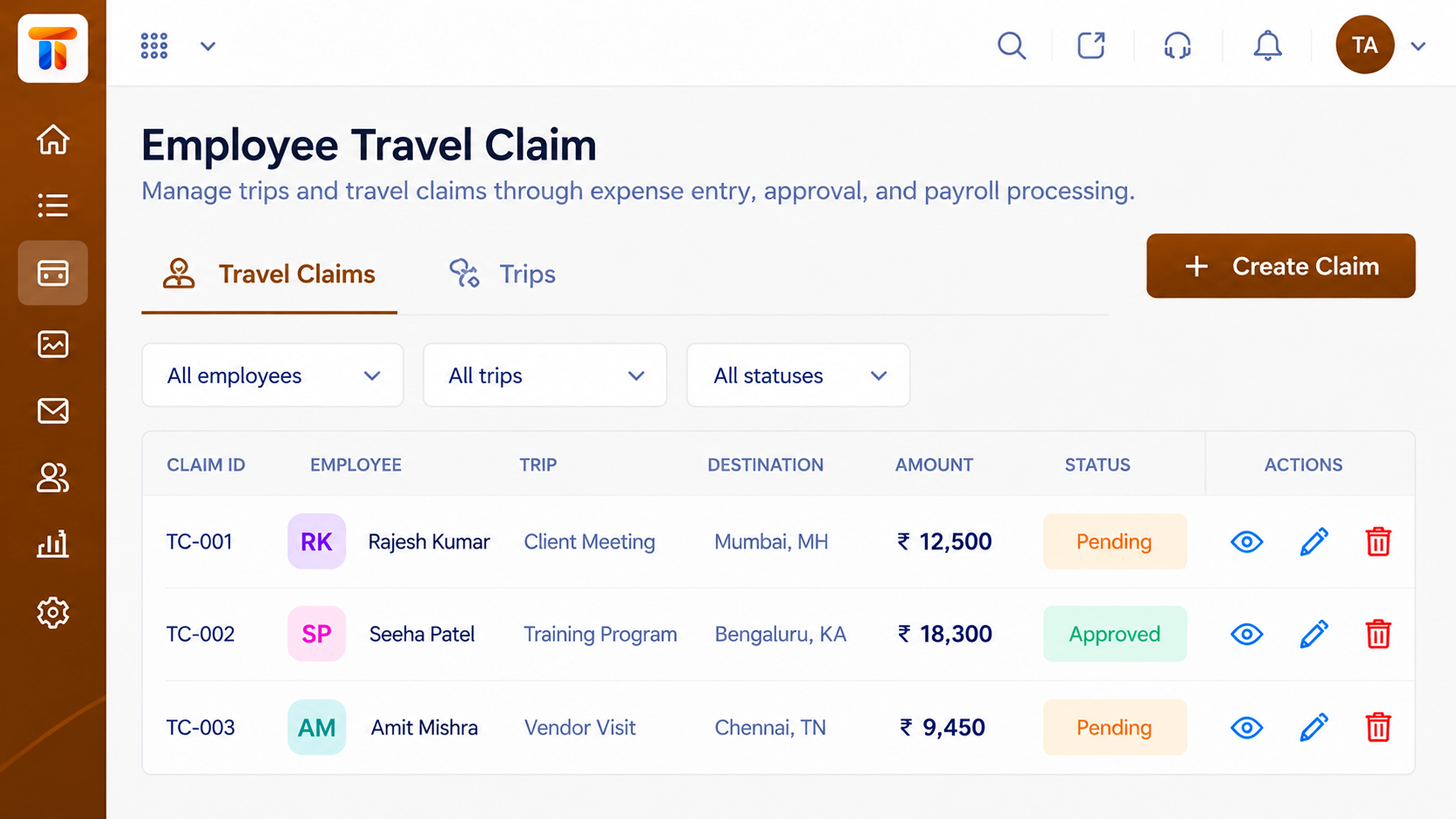 Employee travel claims with trip, destination, amount, and status