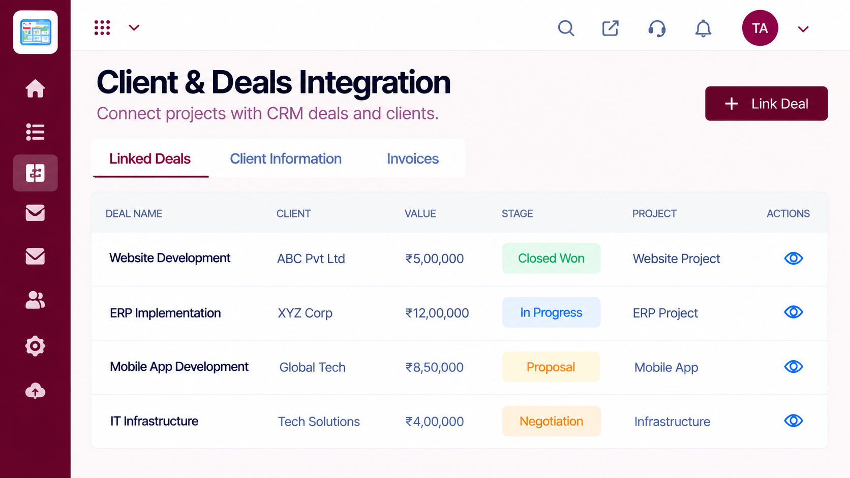 Projects linked CRM deals with deal name, client, value, stage, and the delivery project each one created