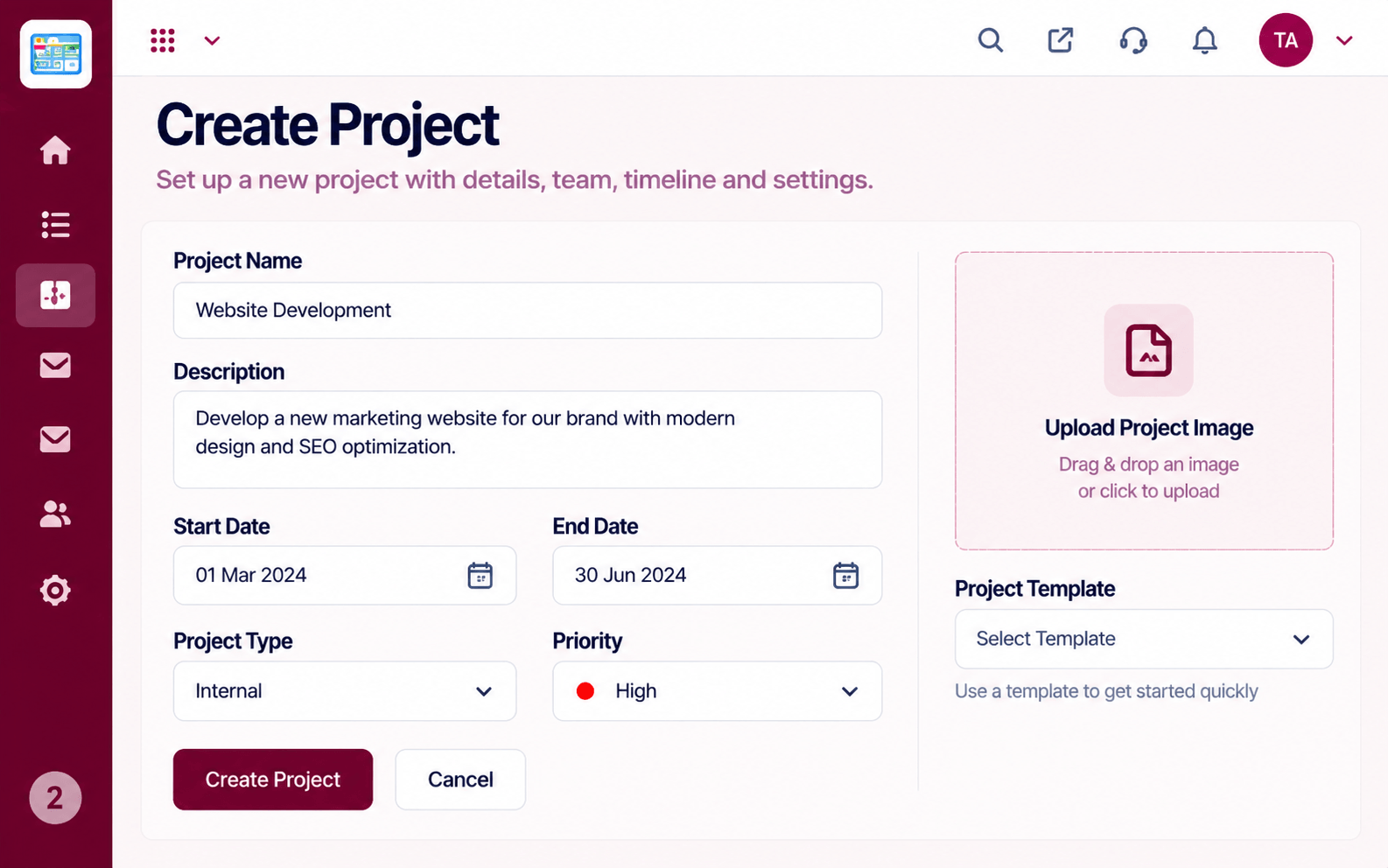 Projects create project form with name, description, dates, type, priority, cover image upload, and template selection