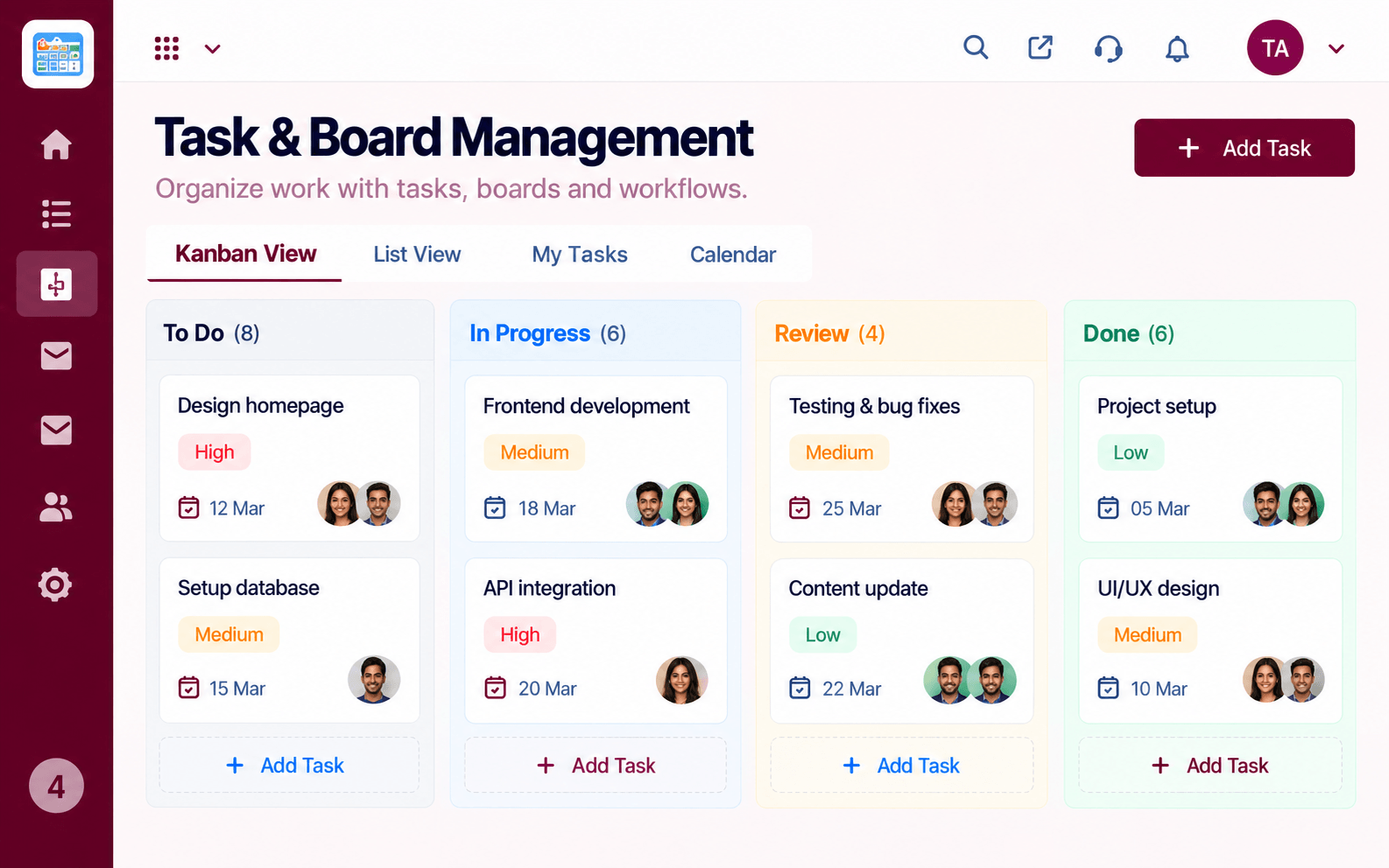 Projects Kanban board with To Do, In Progress, Review, and Done columns, task priority, due dates, and assignees