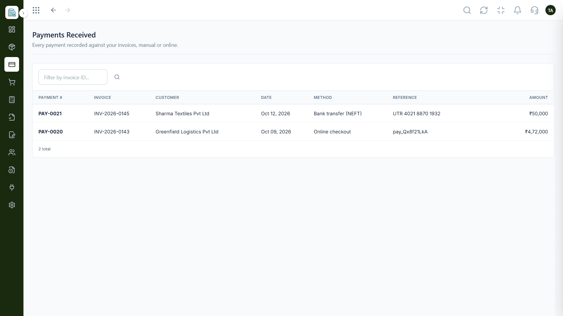 Triostack Finance screen for the collect stage