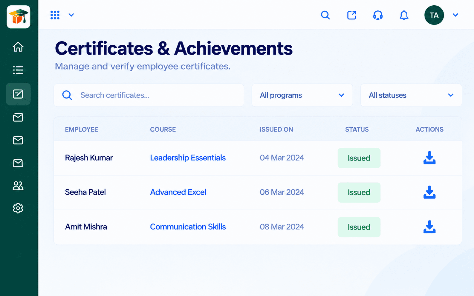 Triostack LMS screen for the certify stage