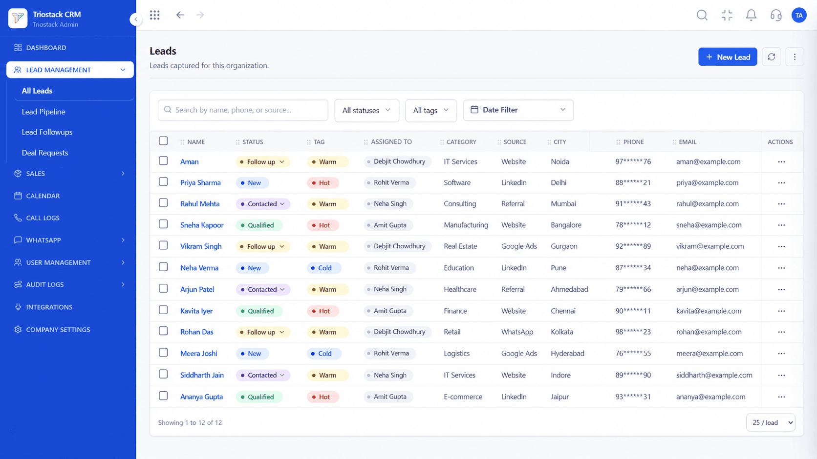 Triostack CRM All Leads list with status, tag, assigned owner, source, and city columns