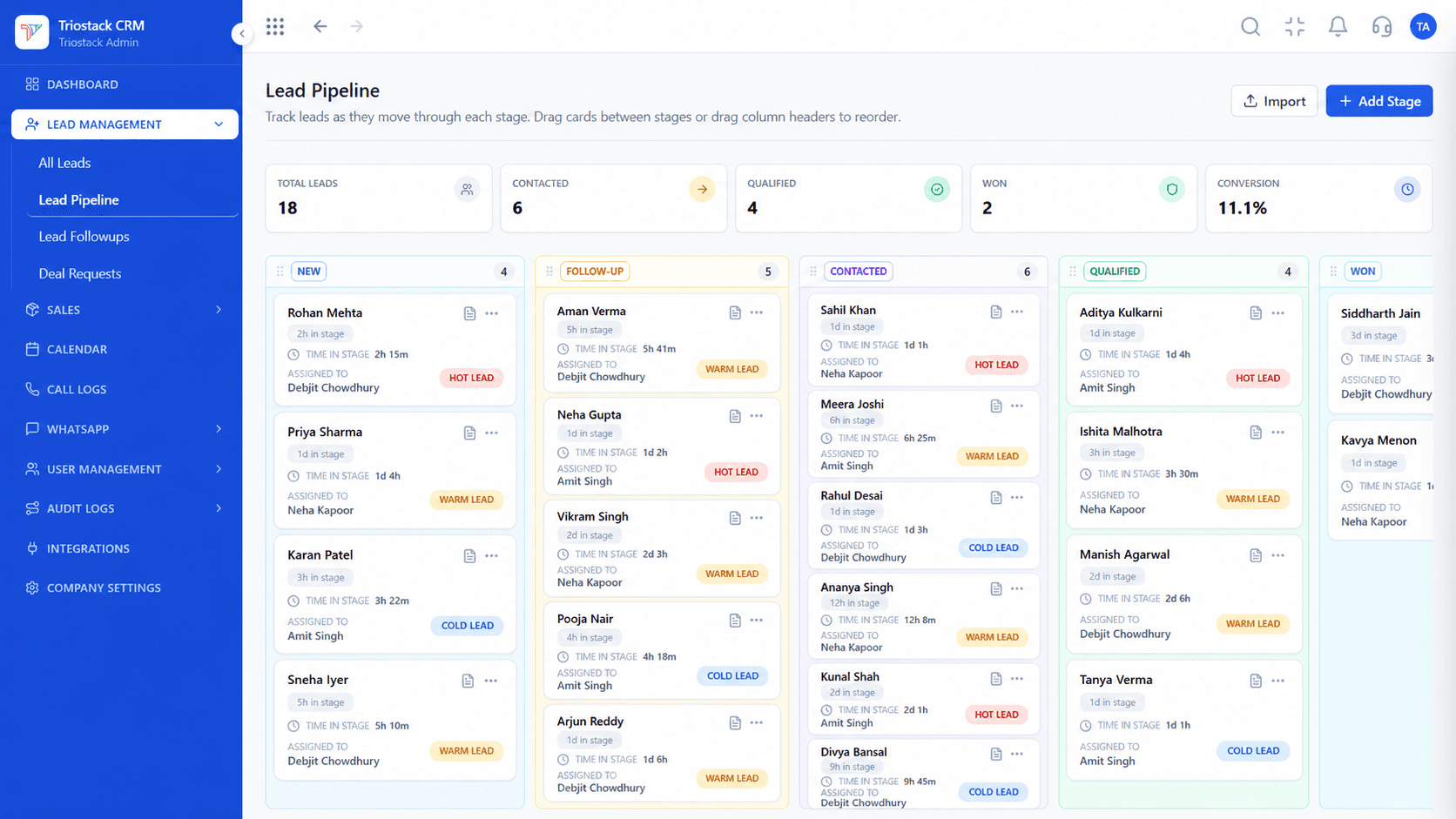 Triostack CRM Lead Pipeline kanban board with leads across New, Follow-up, Contacted, Qualified, and Won columns