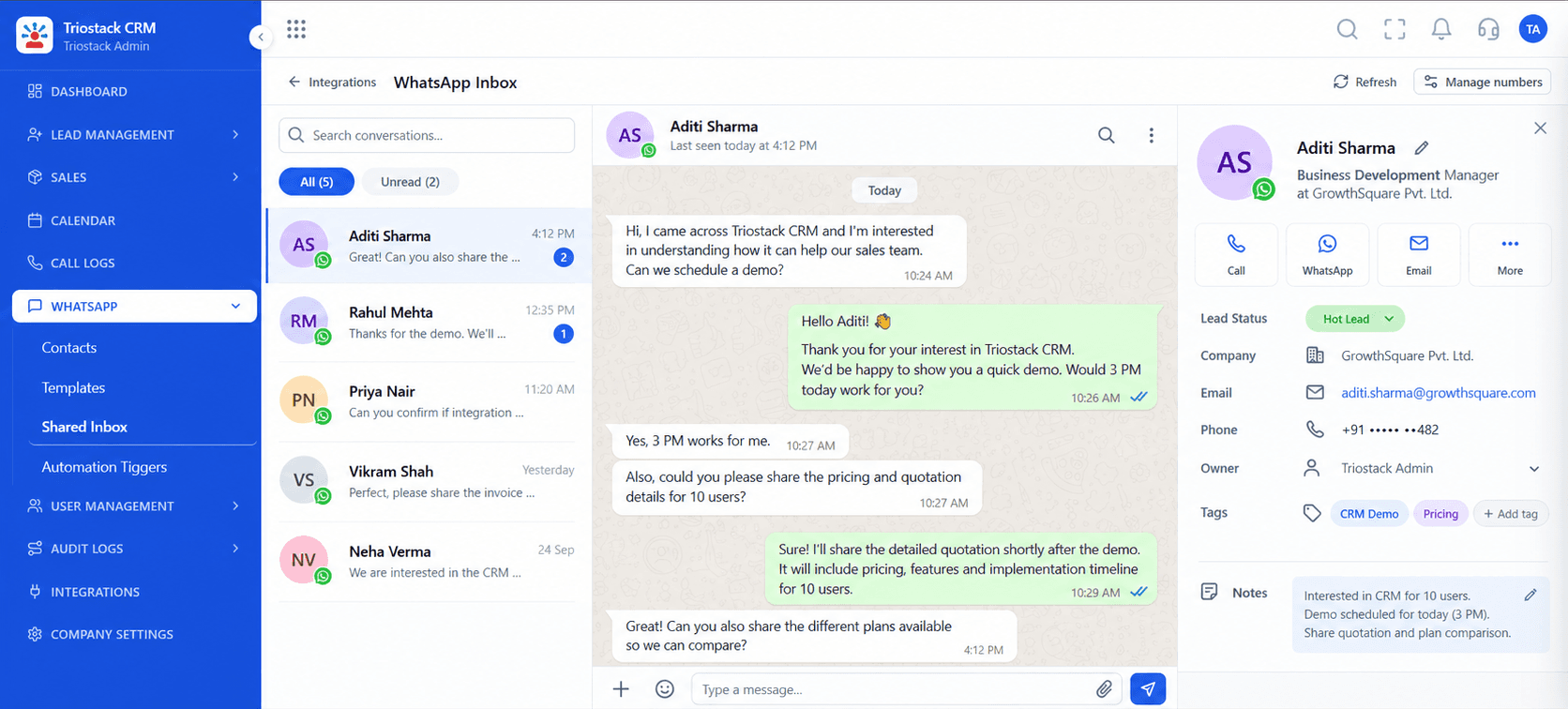 Triostack CRM WhatsApp shared inbox with a conversation open alongside the lead's contact details and notes