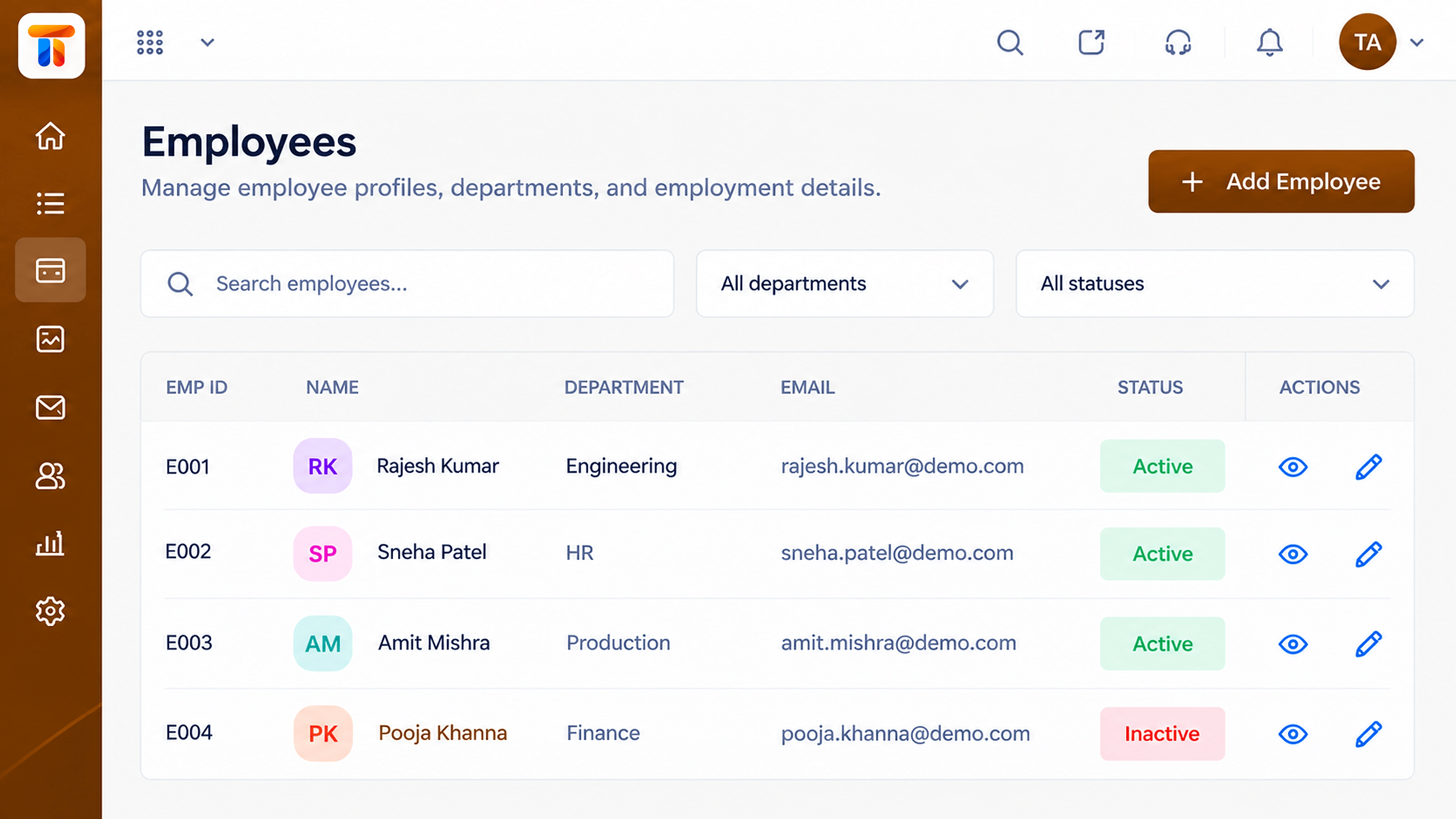 Triostack Payroll employee list with employee ID, department, email, and active status